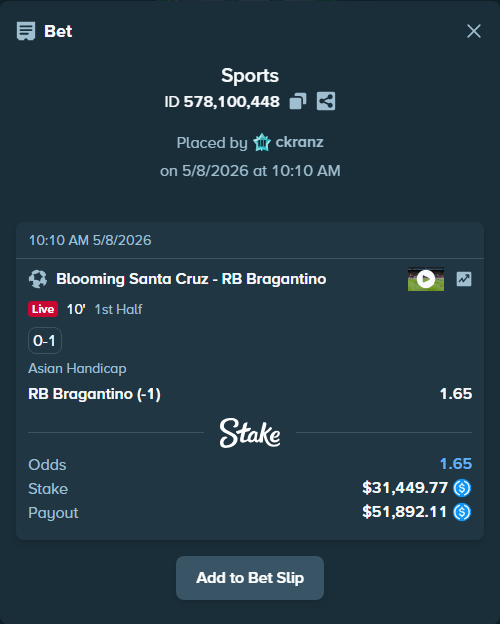 Bet slip: Blooming Santa Cruz - RB Bragantino, $31,449.77 stake at 1.65 odds, placed by ckranz