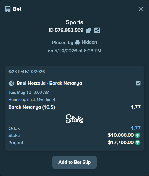 Bet slip: Bnei Herzliya Basket - Elitzur Netanya, $10,000.00 stake at 1.77 odds, placed by Hidden