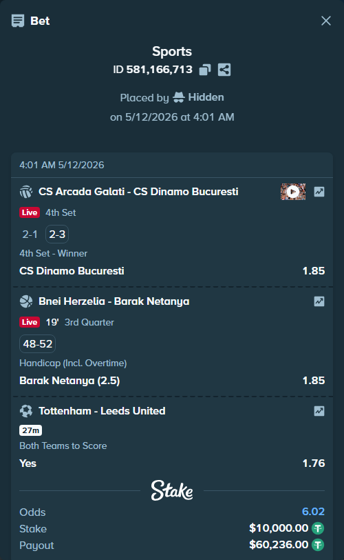 Bet slip: Bnei Herzliya Basket - Elitzur Netanya, $10,000.00 stake at 1.85 odds, placed by Hidden