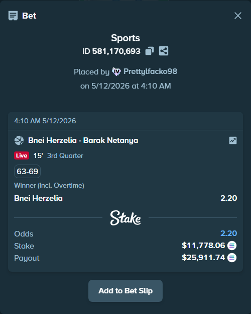Bet slip: Bnei Herzliya Basket - Elitzur Netanya, $8,827.42 stake at 2.20 odds, placed by Prettylfacko98