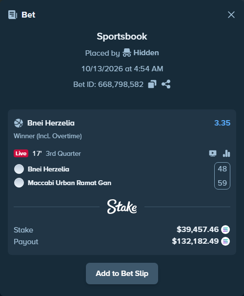 Bet slip: Bnei Herzliya Basket - Maccabi Ironi Ramat Gan, $39,664.83 stake at 3.35 odds, placed by Prettylfacko98
