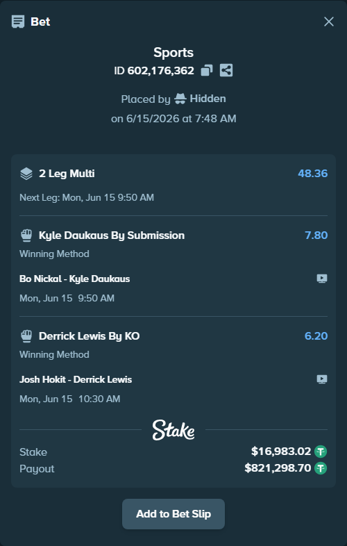 Bet slip: Bo Nickal - Kyle Daukaus, $17,000.00 stake at 7.80 odds, placed by Hidden