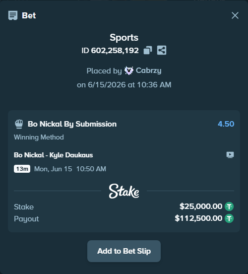Bet slip: Bo Nickal - Kyle Daukaus, $25,025.00 stake at 4.50 odds, placed by Cabrzy