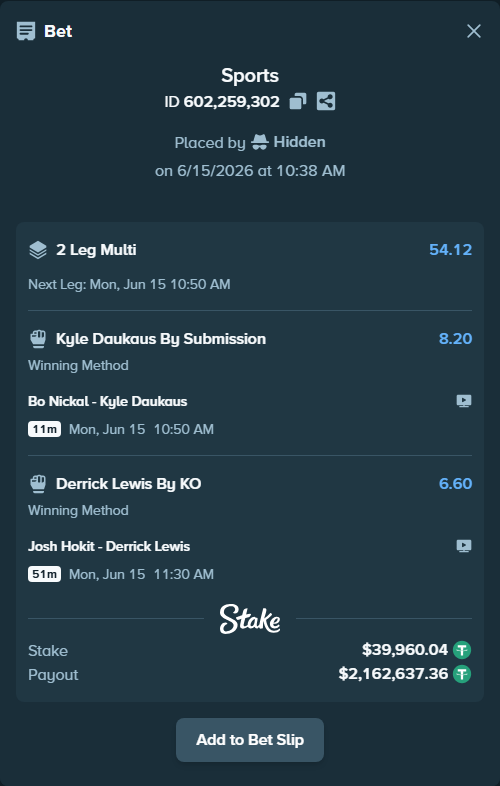 Bet slip: Bo Nickal - Kyle Daukaus, $40,000.00 stake at 8.20 odds, placed by Hidden
