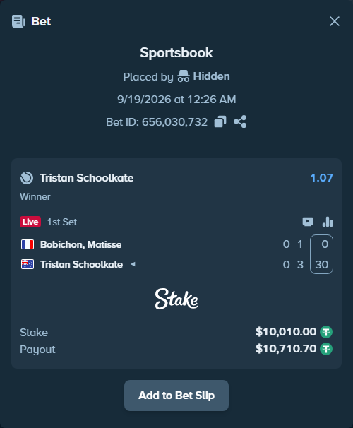 Bet slip: Bobichon, Matisse - Tristan Schoolkate, $10,010.00 stake at 1.07 odds, placed by Hidden