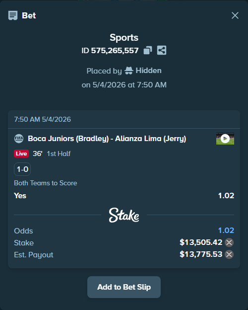 Bet slip: Boca Juniors (Bradley) - Alianza Lima (Jerry), $11,106.39 stake at 1.02 odds, placed by Hidden