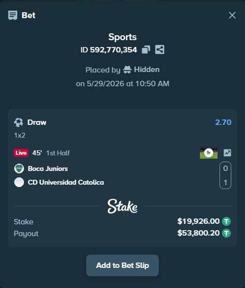 Bet slip: Boca Juniors - CD Universidad Catolica, $19,945.93 stake at 2.70 odds, placed by Hidden