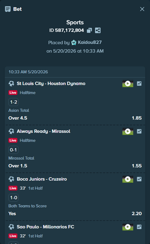 Bet slip: Boca Juniors - Cruzeiro, $8,668.80 stake at 2.20 odds, placed by Kaidou827