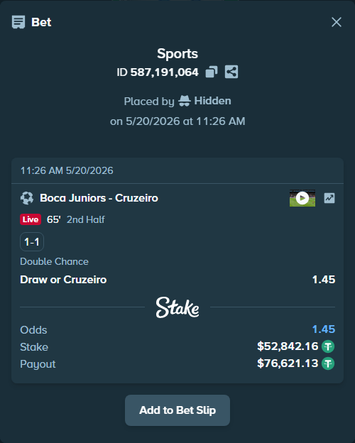Bet slip: Boca Juniors - Cruzeiro, $52,895.00 stake at 1.45 odds, placed by Hidden