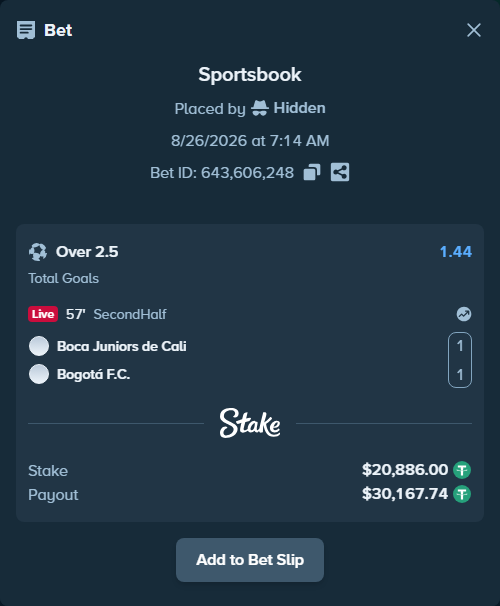 Bet slip: Boca Juniors de Cali - Bogota FC, $20,886.00 stake at 1.44 odds, placed by Hidden