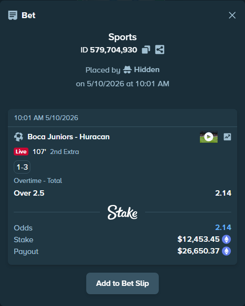 Bet slip: Boca Juniors - Huracan, $9,278.24 stake at 2.14 odds, placed by Hidden