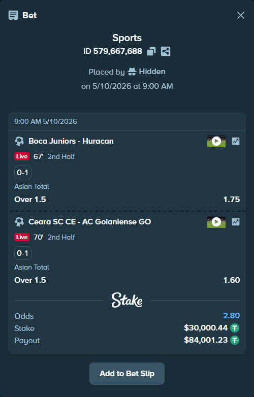 Bet slip: Boca Juniors - Huracan, $30,000.44 stake at 1.75 odds, placed by Hidden