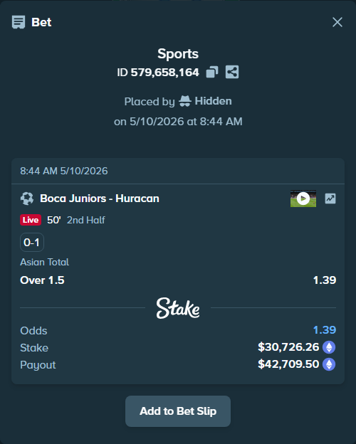Bet slip: Boca Juniors - Huracan, $22,892.10 stake at 1.39 odds, placed by Hidden