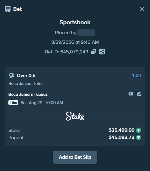Bet slip: Boca Juniors - Lanus, $35,499.00 stake at 1.27 odds, placed by SH7N28