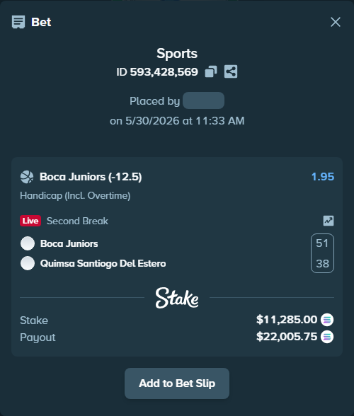 Bet slip: Boca Juniors - Quimsa Santiogo Del Estero, $10,015.74 stake at 1.95 odds, placed by AustinAlgamus