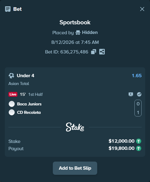Bet slip: Boca Juniors - Recoleta FC, $12,012.00 stake at 1.65 odds, placed by Hidden