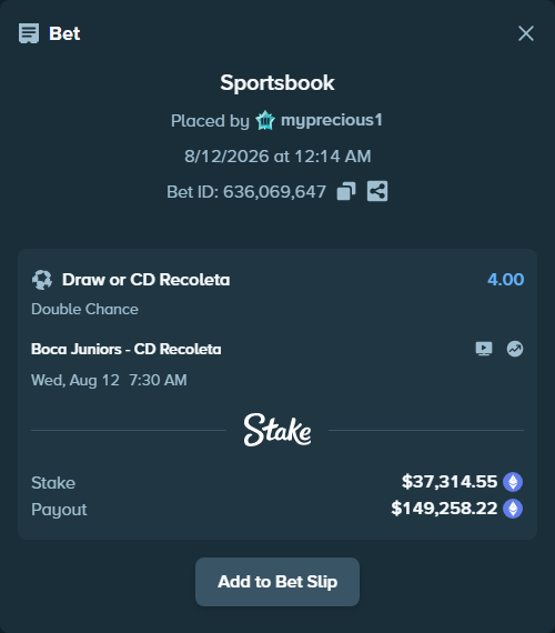 Bet slip: Boca Juniors - Recoleta FC, $37,386.40 stake at 4.00 odds, placed by myprecious1