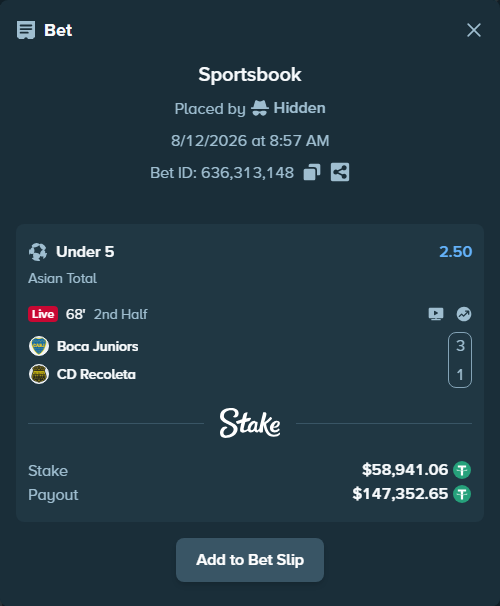 Bet slip: Boca Juniors - Recoleta FC, $59,000.00 stake at 2.50 odds, placed by Hidden