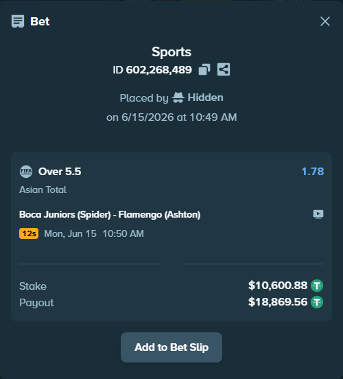 Bet slip: Boca Juniors (Spider) - Flamengo (Ashton), $10,611.48 stake at 1.78 odds, placed by wswrj2008