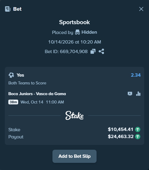 Bet slip: Boca Juniors - Vasco da Gama, $10,464.86 stake at 2.34 odds, placed by Hidden
