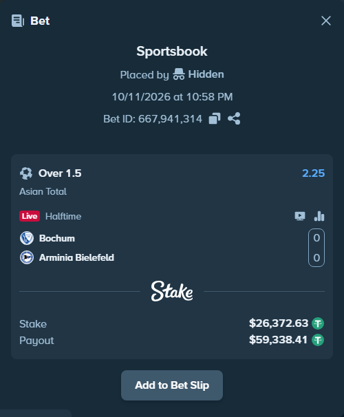 Bet slip: Bochum - Arminia Bielefeld, $26,399.00 stake at 2.25 odds, placed by tlwns4736