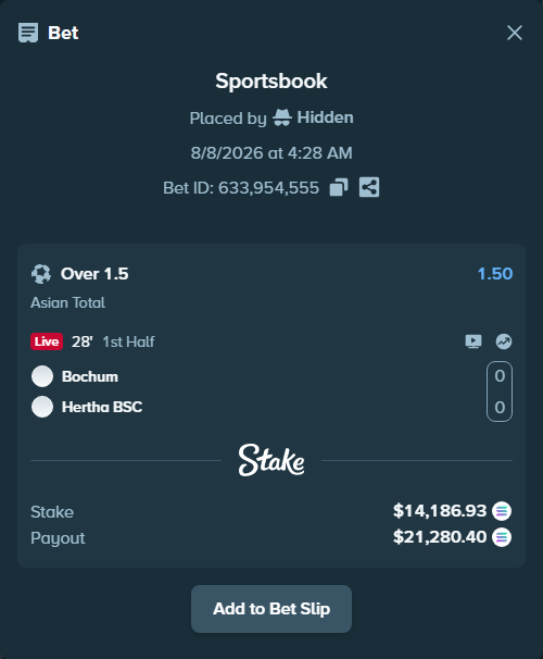 Bet slip: Bochum - Hertha BSC, $14,312.79 stake at 1.50 odds, placed by Hidden