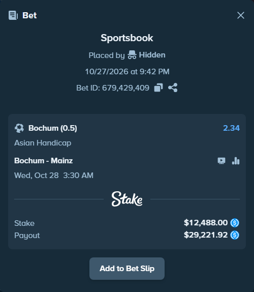 Bet slip: Bochum - Mainz, $12,488.00 stake at 2.34 odds, placed by Hidden