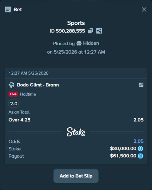 Bet slip: Bodo Glimt - Brann, $30,000.00 stake at 2.05 odds, placed by Hidden