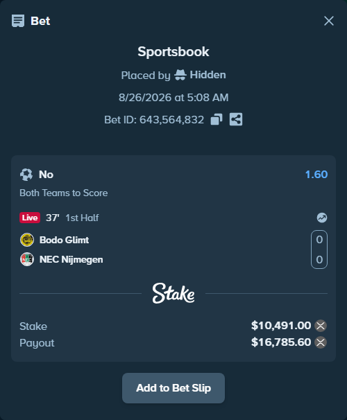 Bet slip: Bodo Glimt - NEC Nijmegen, $10,256.17 stake at 1.60 odds, placed by Hidden