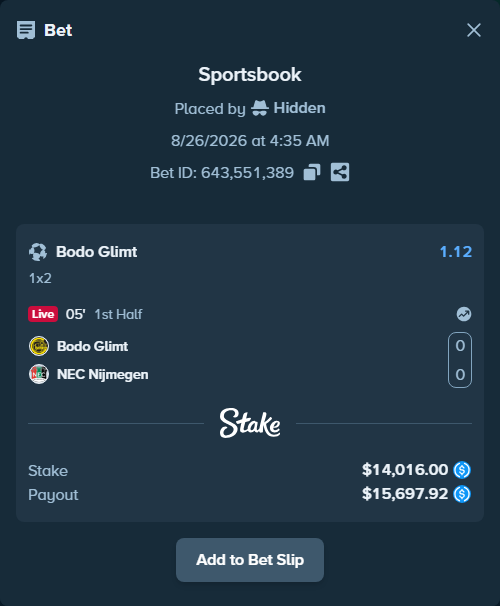 Bet slip: Bodo Glimt - NEC Nijmegen, $14,016.00 stake at 1.12 odds, placed by Hidden