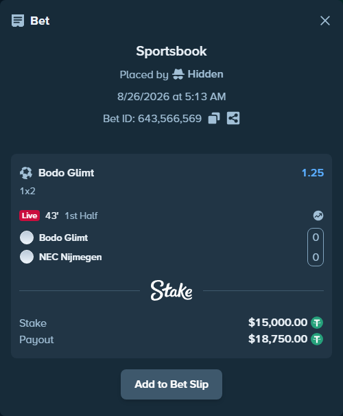 Bet slip: Bodo Glimt - NEC Nijmegen, $15,000.00 stake at 1.25 odds, placed by Hidden