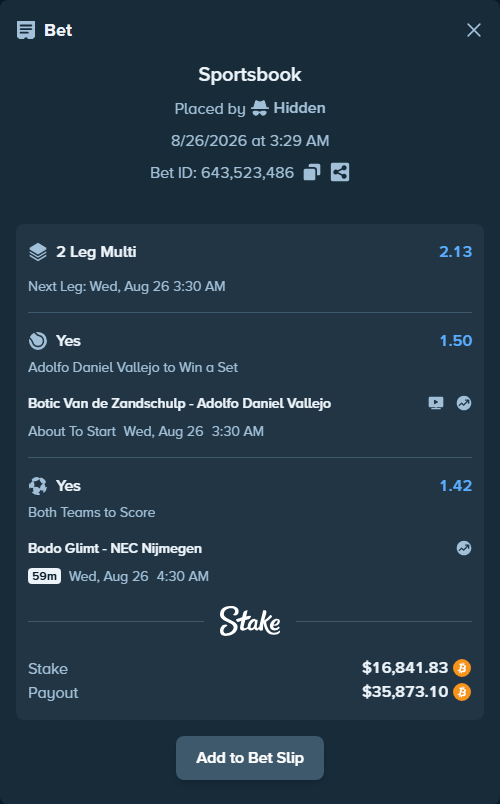 Bet slip: Bodo Glimt - NEC Nijmegen, $16,830.65 stake at 1.42 odds, placed by Hidden