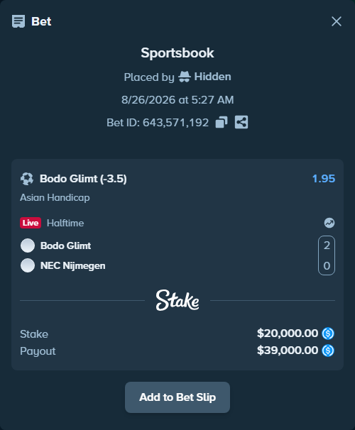 Bet slip: Bodo Glimt - NEC Nijmegen, $20,000.00 stake at 1.95 odds, placed by Hidden