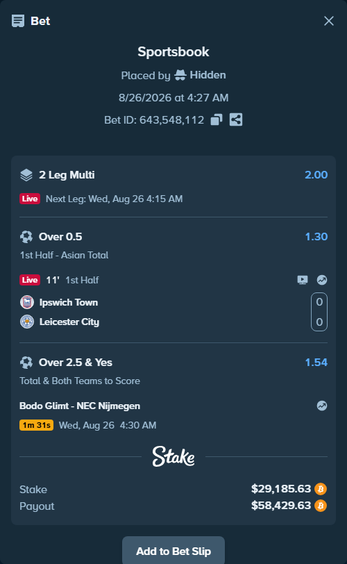 Bet slip: Bodo Glimt - NEC Nijmegen, $29,027.66 stake at 1.54 odds, placed by Hidden