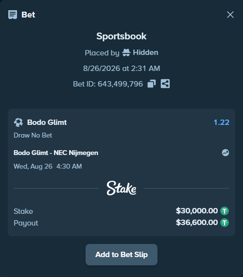 Bet slip: Bodo Glimt - NEC Nijmegen, $30,000.00 stake at 1.22 odds, placed by Hidden