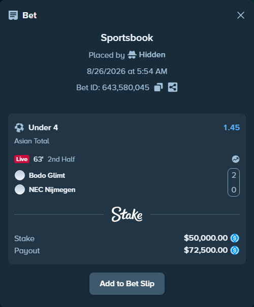 Bet slip: Bodo Glimt - NEC Nijmegen, $50,000.00 stake at 1.45 odds, placed by Hidden