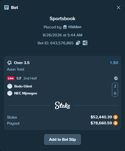 Bet slip: Bodo Glimt - NEC Nijmegen, $52,289.86 stake at 1.50 odds, placed by Hidden
