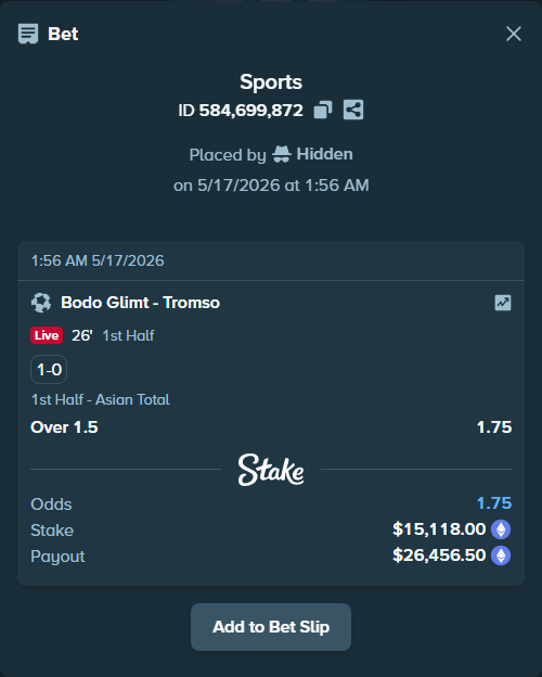 Bet slip: Bodo Glimt - Tromso, $12,049.19 stake at 1.75 odds, placed by Hidden