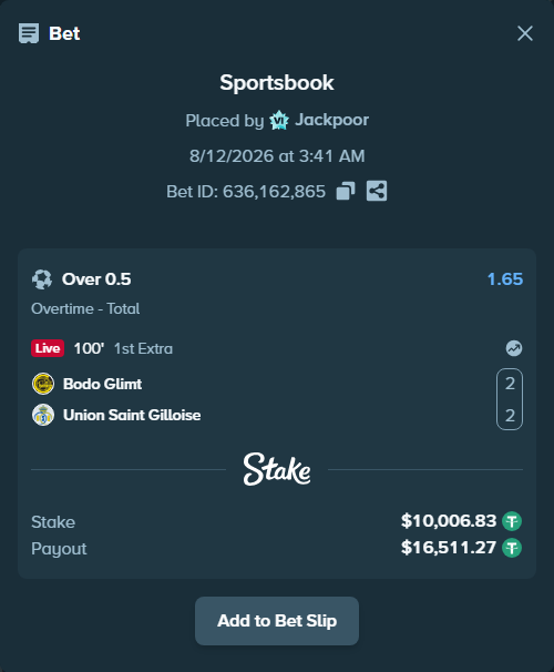 Bet slip: Bodo Glimt - Union Saint Gilloise, $10,016.84 stake at 1.65 odds, placed by Jackpoor