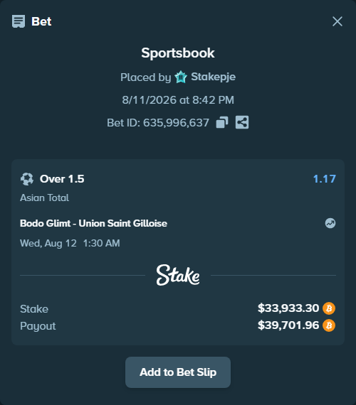 Bet slip: Bodo Glimt - Union Saint Gilloise, $33,499.28 stake at 1.17 odds, placed by Stakepje