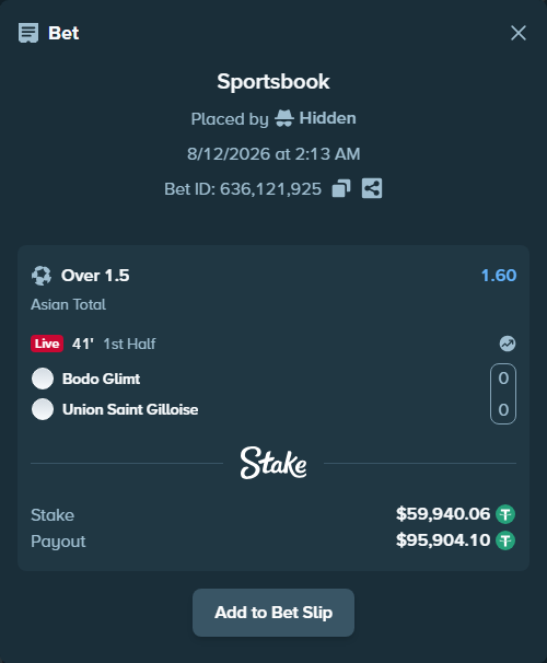 Bet slip: Bodo Glimt - Union Saint Gilloise, $60,000.00 stake at 1.60 odds, placed by Hidden