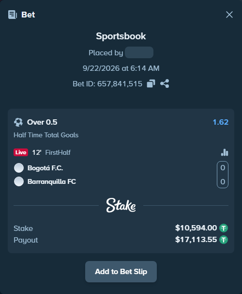 Bet slip: Bogota FC - Barranquilla FC, $10,594.00 stake at 1.62 odds, placed by tlwns4736