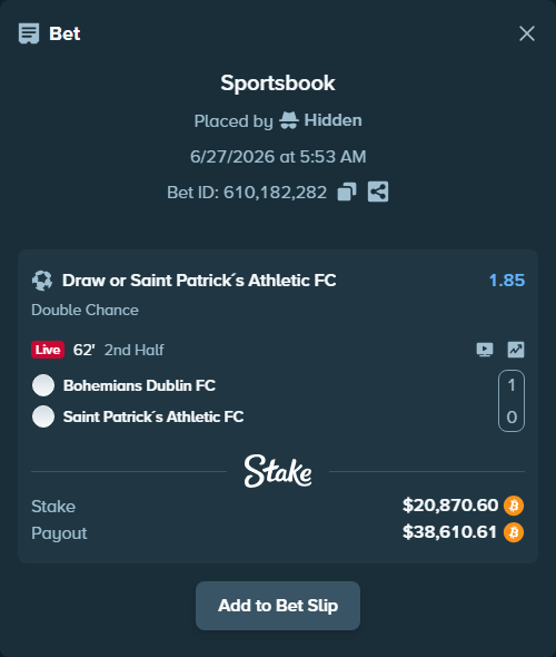 Bet slip: Bohemians Dublin FC - Saint Patrick´s Athletic FC, $21,577.15 stake at 1.85 odds, placed by Hidden