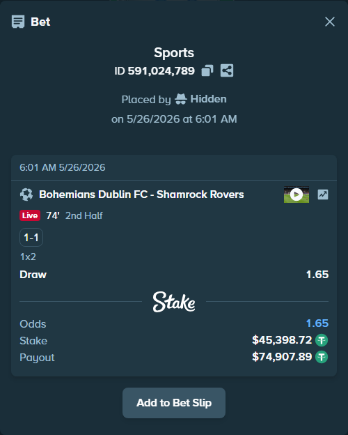 Bet slip: Bohemians Dublin FC - Shamrock Rovers, $45,398.72 stake at 1.65 odds, placed by Hidden