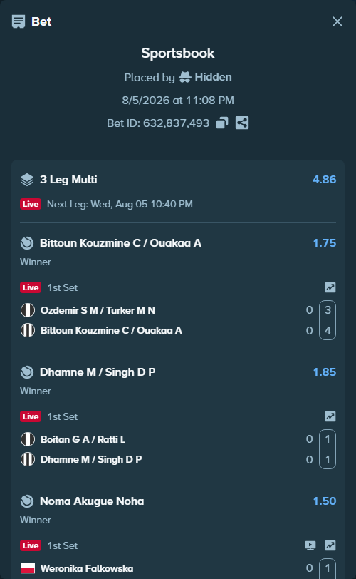 Bet slip: Boitan G A / Ratti L - Dhamne M / Singh D P, $10,000.00 stake at 1.85 odds, placed by Hidden