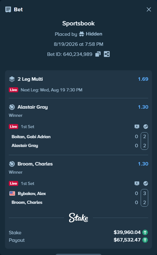 Bet slip: Boitan, Gabi Adrian - Alastair Gray, $40,000.00 stake at 1.30 odds, placed by Hidden