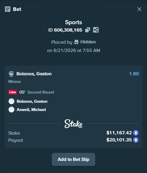 Bet slip: Bolanos, Gaston - Aswell, Michael, $12,241.89 stake at 1.80 odds, placed by Hidden