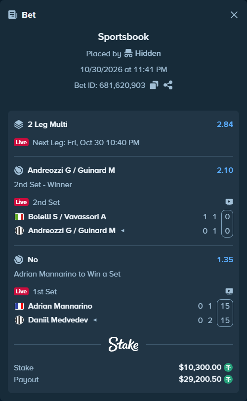 Bet slip: Bolelli S / Vavassori A - Andreozzi G / Guinard M, $10,310.30 stake at 2.10 odds, placed by Hidden