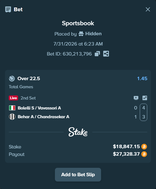 Bet slip: Bolelli S / Vavassori A - Behar A / Chandrasekar A, $18,718.28 stake at 1.45 odds, placed by Hidden