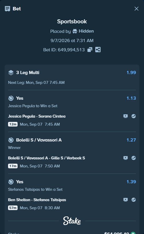 Bet slip: Bolelli S / Vavassori A - Gille S / Verbeek S, $64,000.00 stake at 1.27 odds, placed by Hidden